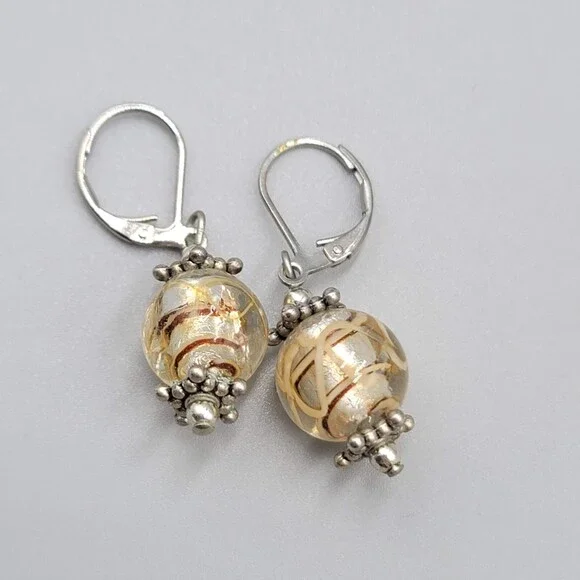 Yellow Swirl Glass Bead Pierced Earrings Silver tone Dangle 3/4" - Picture 7 of 9